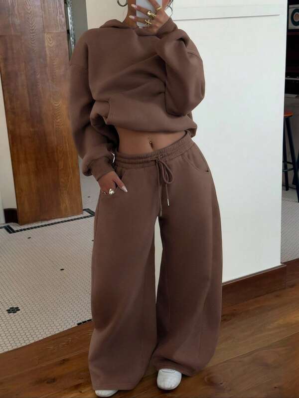 Conjunto Moletom Oversized Com Capuz Wide Leg Felpudo