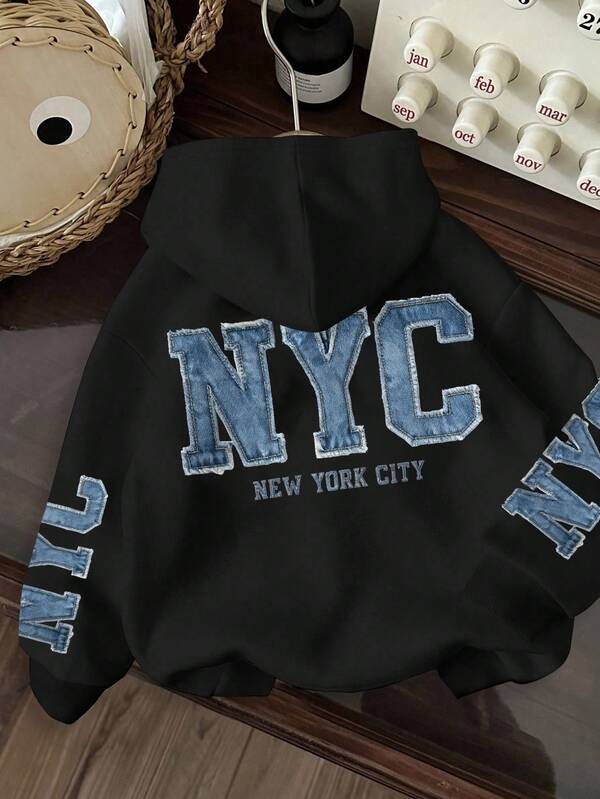 Moletom NYC Jeans Com Capuz E Aplicação Denim