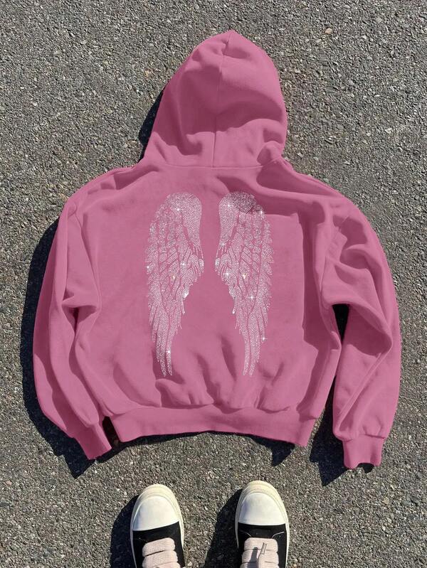 Moletom Com Capuz Angel Wings Rhinestone Streetwear