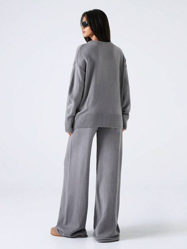 Conjunto Tricot Oversized Wide Leg Minimalista Casual