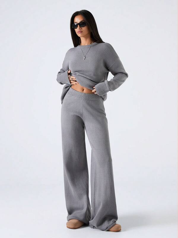 Conjunto Tricot Oversized Wide Leg Minimalista Casual