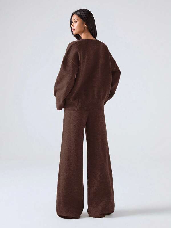 Conjunto Tricot Decote V Oversized Wide Leg Casual