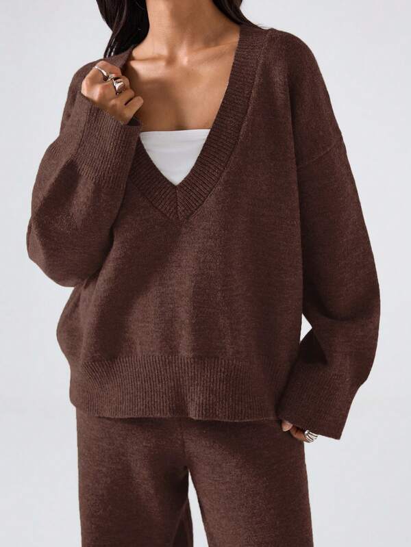 Conjunto Tricot Decote V Oversized Wide Leg Casual