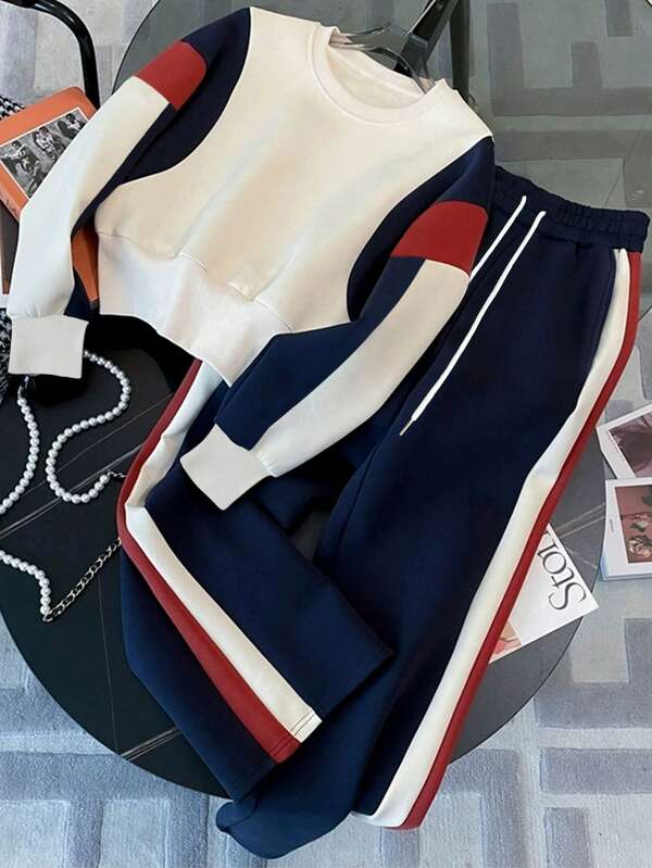 Conjunto Moletom Color Block Com Calça Jogger E Listras Laterais