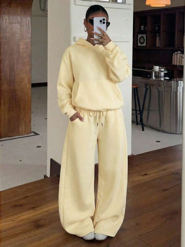 Conjunto Moletom Oversized Com Capuz Wide Leg Felpudo