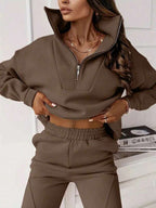 Conjunto Moletom Cropped Gola Alta Com Zíper Casual