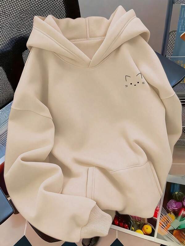 Moletom Estampa Gato Minimalista Com Capuz Oversized