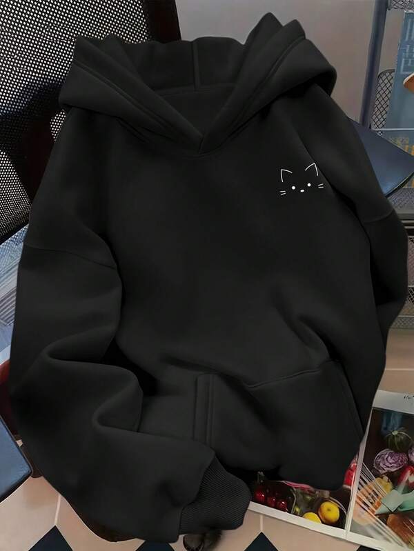 Moletom Estampa Gato Minimalista Com Capuz Oversized