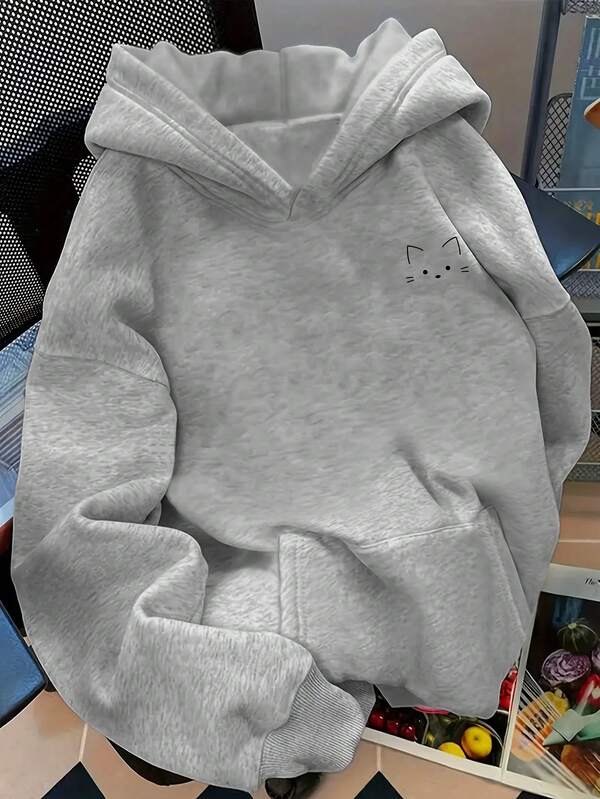 Moletom Estampa Gato Minimalista Com Capuz Oversized