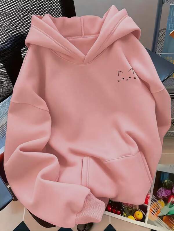 Moletom Estampa Gato Minimalista Com Capuz Oversized