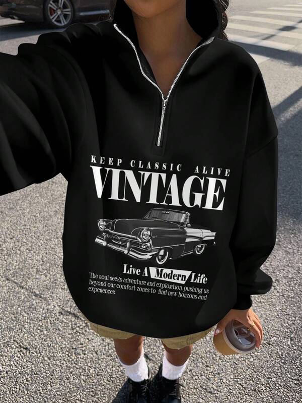 Moletom Vintage Carro Com Gola Zíper Oversized