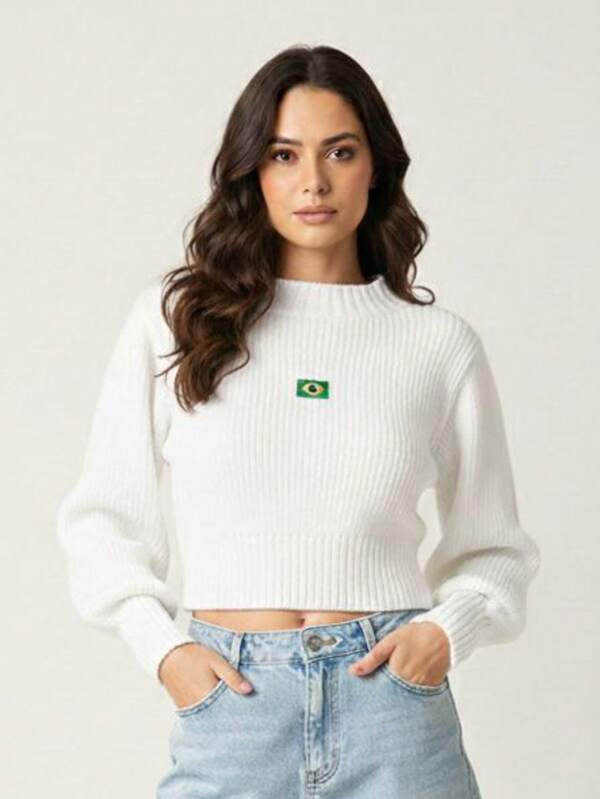Moletom Feminino Brasil Cropped Tricô Canelado