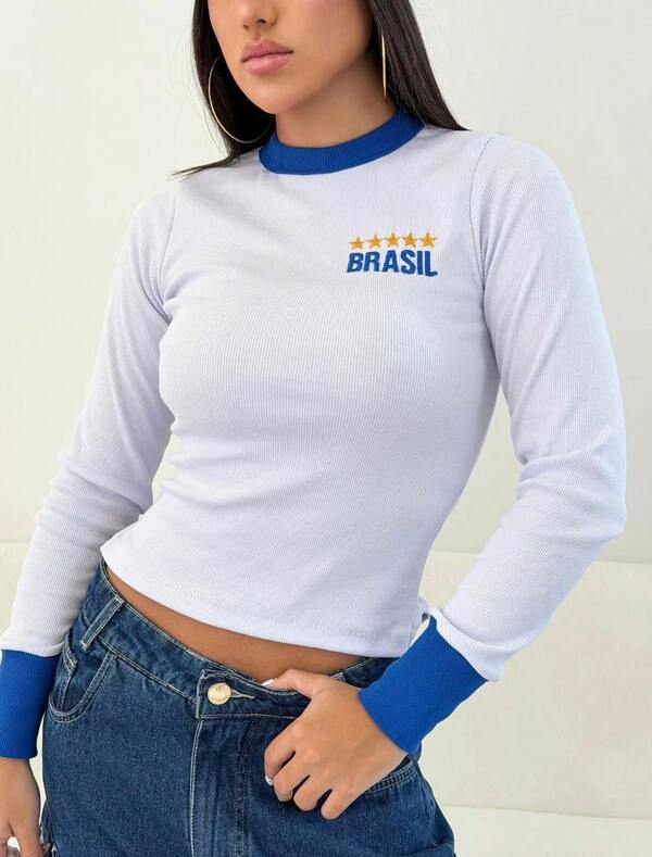 Moletom Feminino Brasil Canelado Gola Contrastante