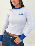 Moletom Feminino Brasil Canelado Gola Contrastante