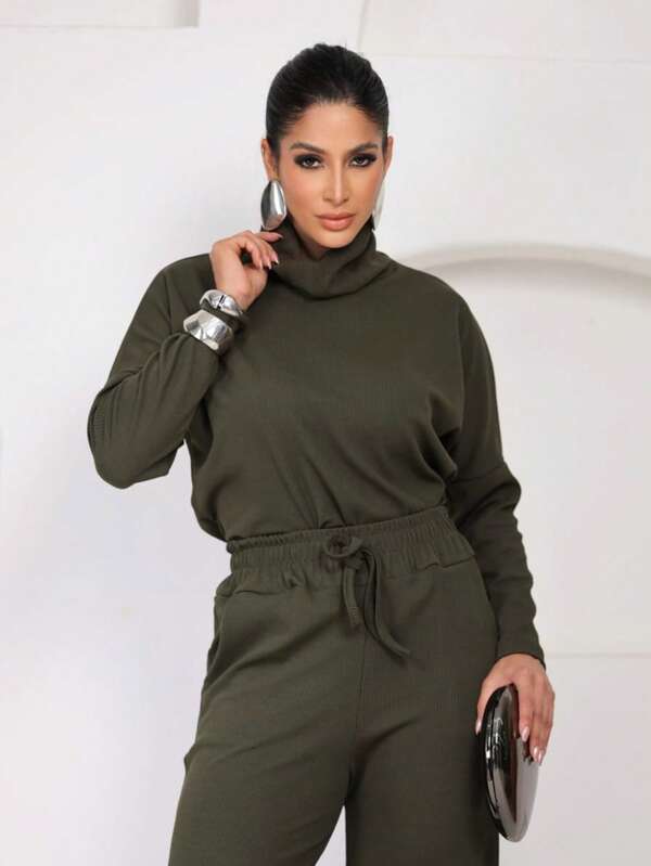 Conjunto Tricot Gola Boba Wide Leg Ajuste Em Cordão Casual