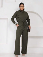 Conjunto Tricot Gola Boba Wide Leg Ajuste Em Cordão Casual