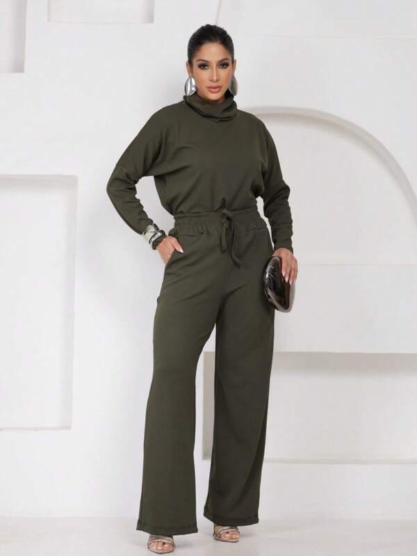 Conjunto Tricot Gola Boba Wide Leg Ajuste Em Cordão Casual