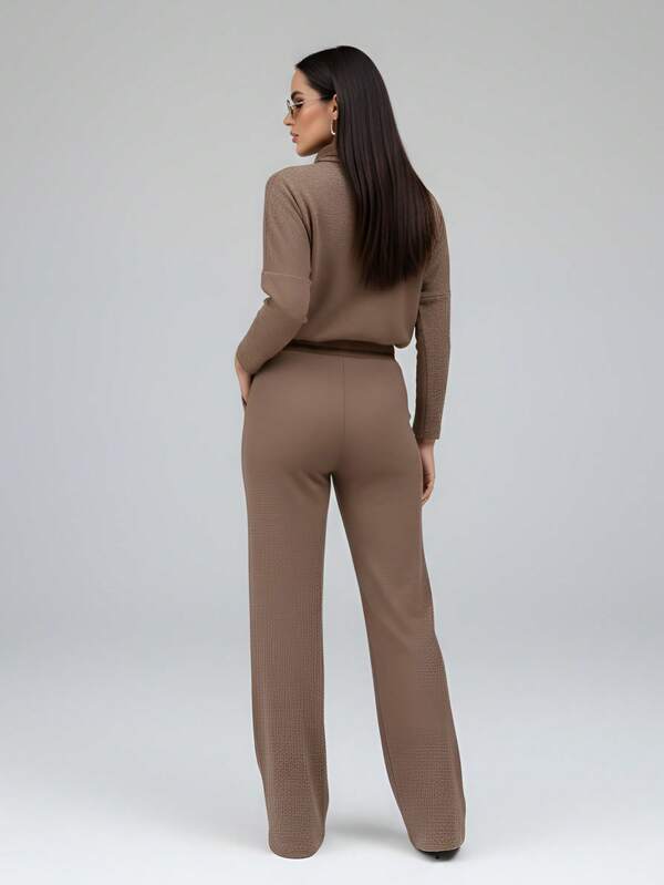 Conjunto Tricot Gola Boba Wide Leg Ajuste Em Cordão Casual