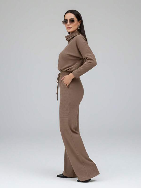 Conjunto Tricot Gola Boba Wide Leg Ajuste Em Cordão Casual