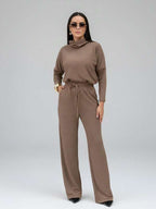 Conjunto Tricot Gola Boba Wide Leg Ajuste Em Cordão Casual