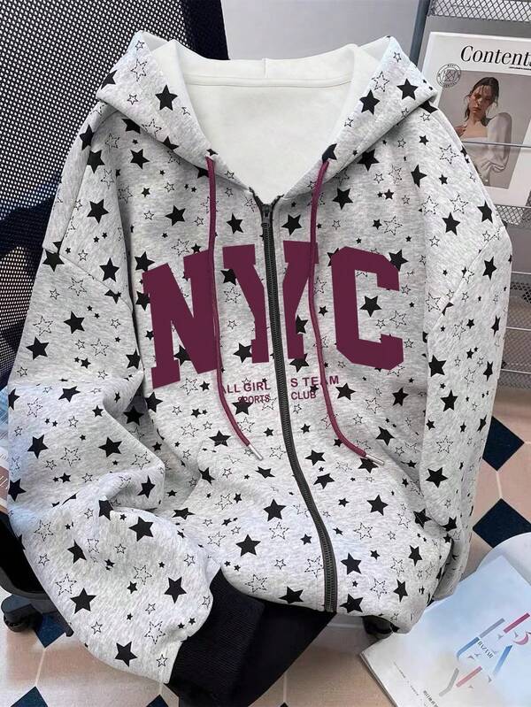 Moletom NYC Estampa Estrelas Com Zíper Oversized
