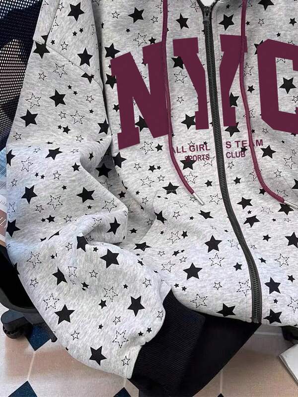 Moletom NYC Estampa Estrelas Com Zíper Oversized