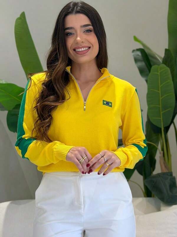 Moletom Feminino Brasil Gola Alta Zíper Futebol