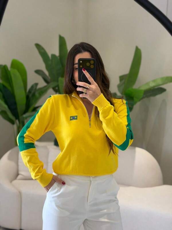 Moletom Feminino Brasil Gola Alta Zíper Futebol