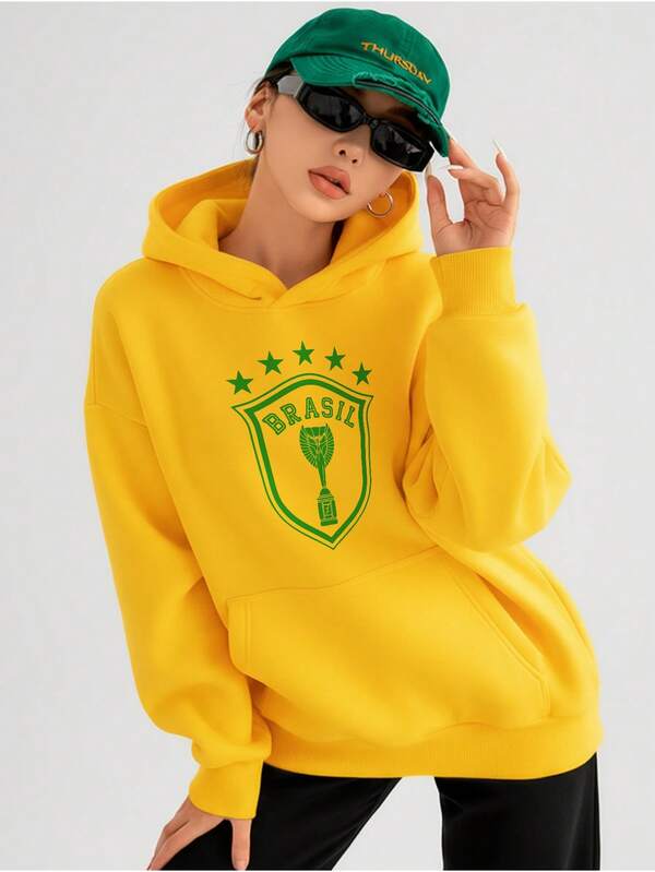 Moletom Feminino Brasil Com Capuz Futebol Casual