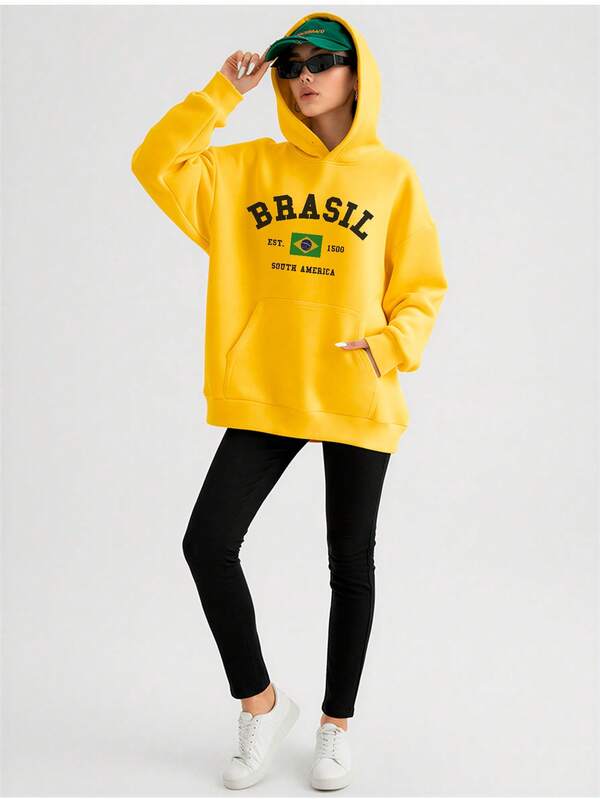 Moletom Feminino Brasil Com Capuz Estilo Torcida