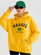 Moletom Feminino Brasil Com Capuz Estilo Torcida