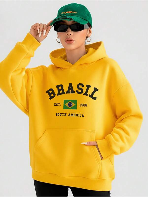 Moletom Feminino Brasil Com Capuz Estilo Torcida