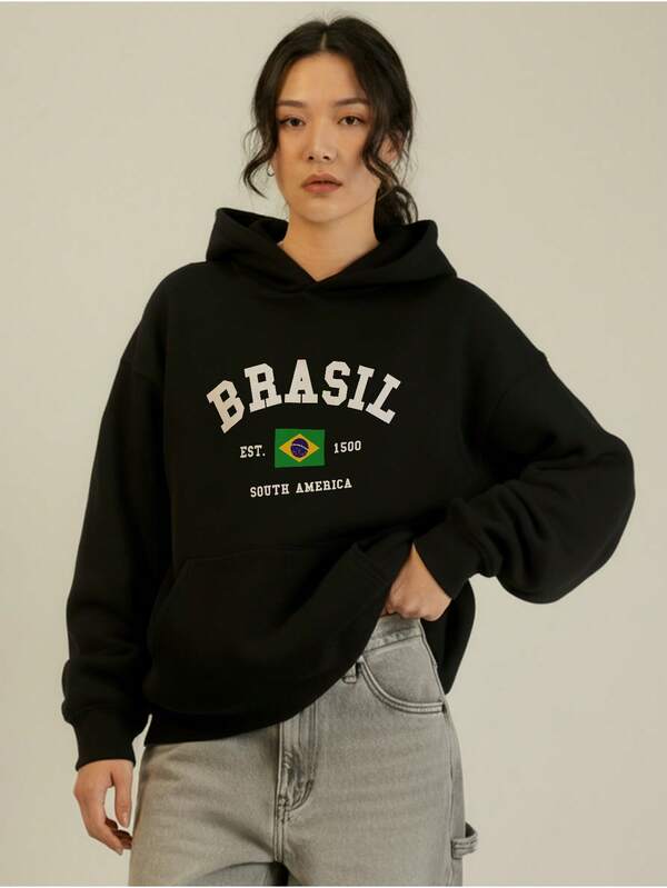 Moletom Feminino Brasil Com Capuz Estilo Torcida