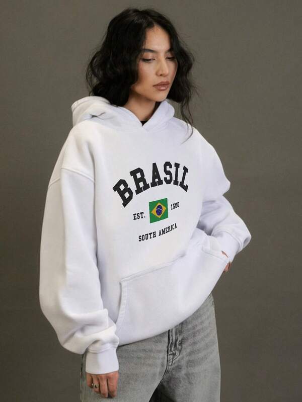 Moletom Feminino Brasil Com Capuz Estilo Torcida
