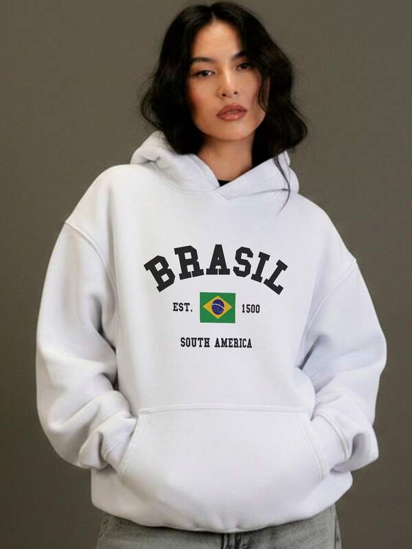 Moletom Feminino Brasil Com Capuz Estilo Torcida