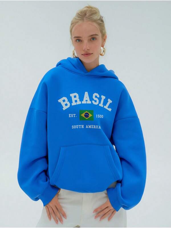 Moletom Feminino Brasil Com Capuz Estilo Torcida