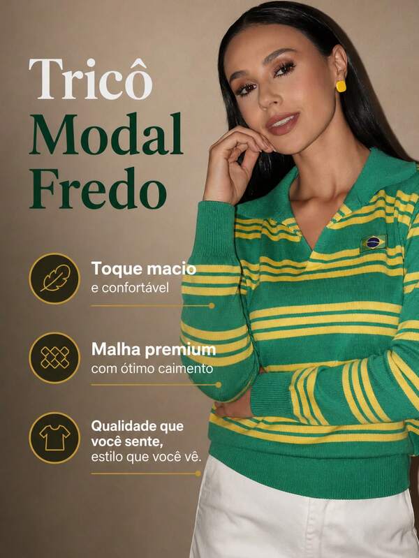 Moletom Feminino Brasil Listrada Gola Polo Futebol