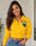 Moletom Feminino Brasil Cropped Gola Zíper Futebol