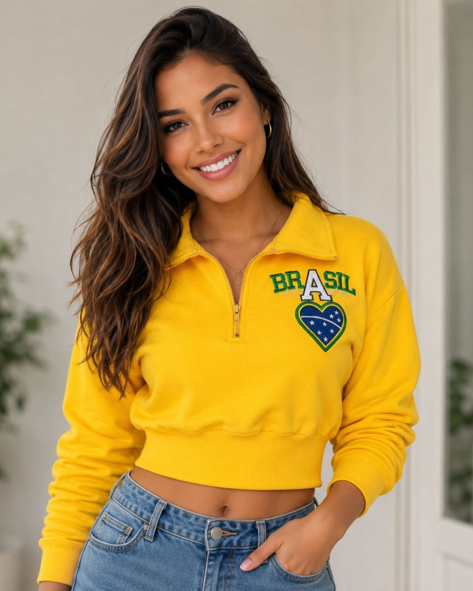 Moletom Feminino Brasil Cropped Gola Zíper Futebol