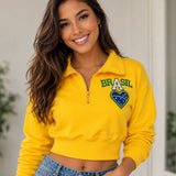 Moletom Feminino Brasil Cropped Gola Zíper Futebol
