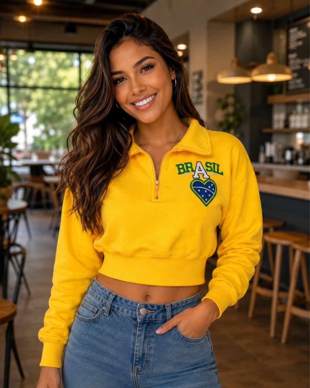 Moletom Feminino Brasil Cropped Gola Zíper Futebol